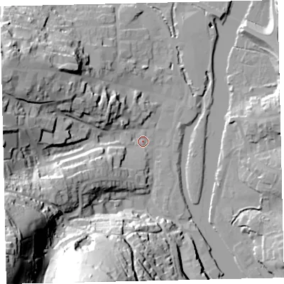 Shaded relief map of the ground around TQ95XA, computed from Environment Agency LiDAR. The ground here sits at about 4 m above sea level and falls 73 m across the surrounding 800 m. Surface water reaching this point runs off ground lying to the west-south-west, 17.3 m higher.