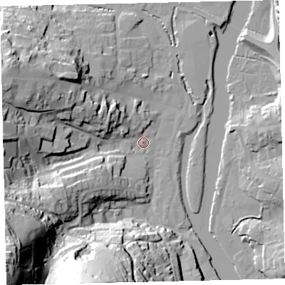 Shaded relief map of the ground around TQ95XE, computed from Environment Agency LiDAR. The ground here sits at about 4 m above sea level and falls 72 m across the surrounding 800 m. Surface water reaching this point runs off ground lying to the south-west, 59.4 m higher.