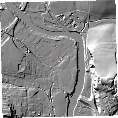 Shaded relief map of the ground around TQ95XL, computed from Environment Agency LiDAR. The ground here sits at about 3 m above sea level and falls 51 m across the surrounding 800 m. Surface water reaching this point runs off ground lying to the west, 7.5 m higher.