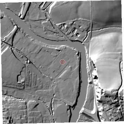Shaded relief map of the ground around TQ95XN, computed from Environment Agency LiDAR. The ground here sits at about 3 m above sea level and falls 52 m across the surrounding 800 m. Surface water reaching this point runs off ground lying to the west, 7.3 m higher.