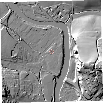 Shaded relief map of the ground around TQ95XT, computed from Environment Agency LiDAR. The ground here sits at about 4 m above sea level and falls 53 m across the surrounding 800 m. Surface water reaching this point runs off ground lying to the south-south-east, 2.0 m higher.