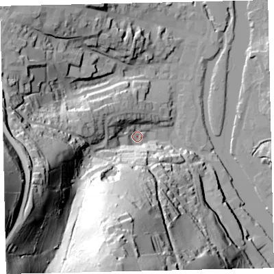 Shaded relief map of the ground around TQ95XY, computed from Environment Agency LiDAR. The ground here sits at about 5 m above sea level and falls 95 m across the surrounding 800 m. Surface water reaching this point runs off ground lying to the south, 84.3 m higher.