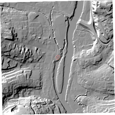 Shaded relief map of the ground around TQ95YS, computed from Environment Agency LiDAR. The ground here sits at about 3 m above sea level and falls 49 m across the surrounding 800 m. Surface water reaching this point runs off ground lying to the south-west, 46.7 m higher.
