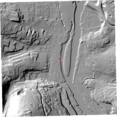 Shaded relief map of the ground around TQ95YY, computed from Environment Agency LiDAR. The ground here sits at about 3 m above sea level and falls 78 m across the surrounding 800 m. Surface water reaching this point runs off ground lying to the south-south-west, 75.9 m higher.
