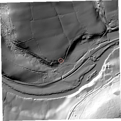 Shaded relief map of the ground around TQ96AG, computed from Environment Agency LiDAR. The ground here sits at about 14 m above sea level and falls 72 m across the surrounding 800 m. Surface water reaching this point runs off ground lying to the north-west, 44.8 m higher.