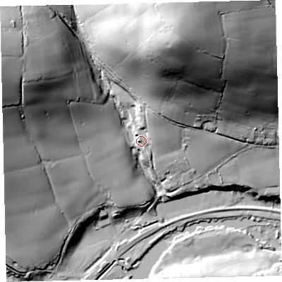 Shaded relief map of the ground around TQ96AH, computed from Environment Agency LiDAR. The ground here sits at about 27 m above sea level and falls 89 m across the surrounding 800 m. Surface water reaching this point runs off ground lying to the north-north-east, 73.1 m higher.