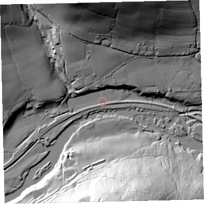 Shaded relief map of the ground around TQ96AQ, computed from Environment Agency LiDAR. The ground here sits at about 9 m above sea level and falls 64 m across the surrounding 800 m. Surface water reaching this point runs off ground lying to the north, 61.0 m higher.