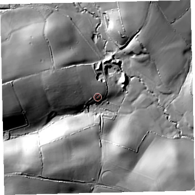 Shaded relief map of the ground around TQ96AS, computed from Environment Agency LiDAR. The ground here sits at about 31 m above sea level and falls 56 m across the surrounding 800 m. Surface water reaching this point runs off ground lying to the west-north-west, 14.4 m higher.