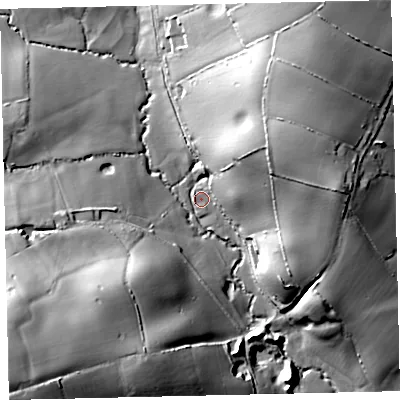 Shaded relief map of the ground around TQ96AT, computed from Environment Agency LiDAR. The ground here sits at about 20 m above sea level and falls 54 m across the surrounding 800 m. Surface water reaching this point runs off ground lying to the north-east, 26.2 m higher.