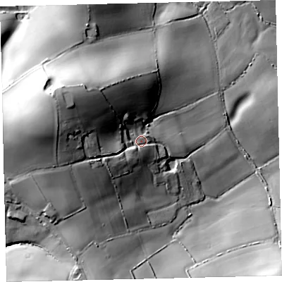 Shaded relief map of the ground around TQ96AW, computed from Environment Agency LiDAR. The ground here sits at about 51 m above sea level and falls 46 m across the surrounding 800 m. Surface water reaching this point runs off ground lying to the west-north-west, 22.0 m higher.