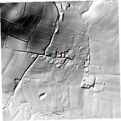Shaded relief map of the ground around TQ96BX, computed from Environment Agency LiDAR. The ground here sits at about 49 m above sea level and falls 111 m across the surrounding 800 m. Surface water reaching this point runs off ground lying to the north-north-west, 18.8 m higher.