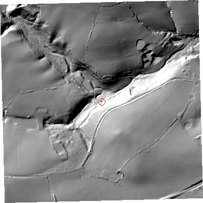 Shaded relief map of the ground around TQ96DP, computed from Environment Agency LiDAR. The ground here sits at about 72 m above sea level and falls 55 m across the surrounding 800 m. Surface water reaching this point runs off ground lying to the south-west, 44.7 m higher.