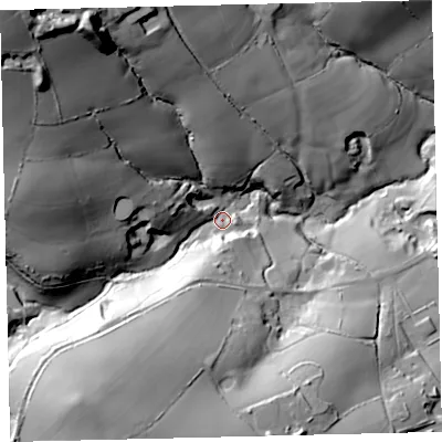 Shaded relief map of the ground around TQ96DR, computed from Environment Agency LiDAR. The ground here sits at about 60 m above sea level and falls 83 m across the surrounding 800 m. Surface water reaching this point runs off ground lying to the south-west, 44.7 m higher.