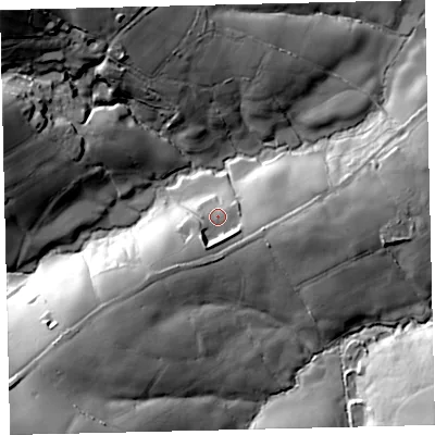 Shaded relief map of the ground around TQ96DU, computed from Environment Agency LiDAR. The ground here sits at about 51 m above sea level and falls 43 m across the surrounding 800 m. Surface water reaching this point runs off ground lying to the south-south-west, 7.7 m higher.