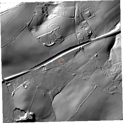 Shaded relief map of the ground around TQ96DW, computed from Environment Agency LiDAR. The ground here sits at about 91 m above sea level and falls 35 m across the surrounding 800 m. Surface water reaching this point runs off ground lying to the west-north-west, 1.1 m higher.