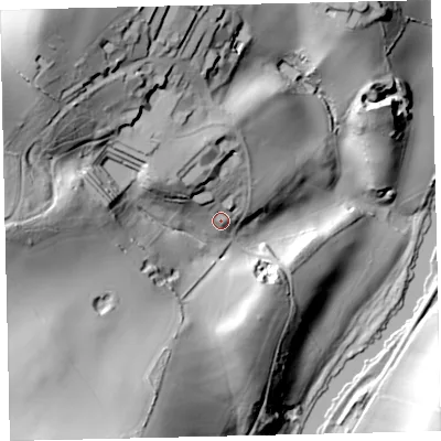 Shaded relief map of the ground around TQ96EN, computed from Environment Agency LiDAR. The ground here sits at about 35 m above sea level and falls 83 m across the surrounding 800 m. Surface water reaching this point runs off ground lying to the north-west, 21.2 m higher.