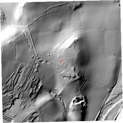Shaded relief map of the ground around TQ96EQ, computed from Environment Agency LiDAR. The ground here sits at about 44 m above sea level and falls 78 m across the surrounding 800 m. Surface water reaching this point runs off ground lying to the west, 1.0 m higher.