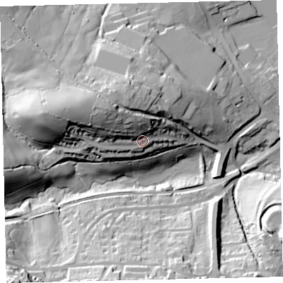 Shaded relief map of the ground around TQ96ER, computed from Environment Agency LiDAR. The ground here sits at about 27 m above sea level and falls 49 m across the surrounding 800 m. Surface water reaching this point runs off ground lying to the north-north-west, 16.1 m higher.