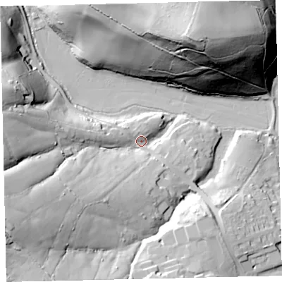 Shaded relief map of the ground around TQ96EU, computed from Environment Agency LiDAR. The ground here sits at about 9 m above sea level and falls 67 m across the surrounding 800 m. Surface water reaching this point runs off ground lying to the west-south-west, 35.4 m higher.