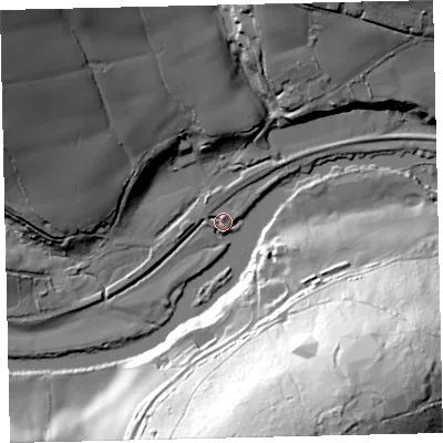 Shaded relief map of the ground around TQ96FE, computed from Environment Agency LiDAR. The ground here sits at about 11 m above sea level and falls 72 m across the surrounding 800 m. Surface water reaching this point runs off ground lying to the north, 2.8 m higher.