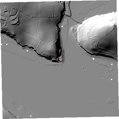 Shaded relief map of the ground around TQ96FX, computed from Environment Agency LiDAR. The ground here sits at about 3 m above sea level and falls 50 m across the surrounding 800 m. Surface water reaching this point runs off ground lying to the north-west, 19.7 m higher.