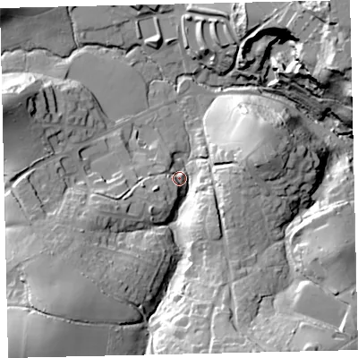Shaded relief map of the ground around TQ96HT, computed from Environment Agency LiDAR. The ground here sits at about 22 m above sea level and falls 43 m across the surrounding 800 m. Surface water reaching this point runs off ground lying to the south, 29.7 m higher.