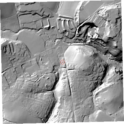Shaded relief map of the ground around TQ96HY, computed from Environment Agency LiDAR. The ground here sits at about 19 m above sea level and falls 44 m across the surrounding 800 m. Surface water reaching this point runs off ground lying to the south-west, 27.6 m higher.
