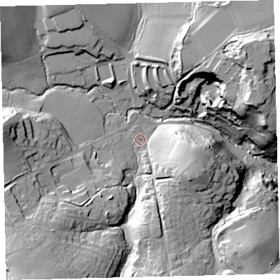 Shaded relief map of the ground around TQ96HZ, computed from Environment Agency LiDAR. The ground here sits at about 16 m above sea level and falls 44 m across the surrounding 800 m. Surface water reaching this point runs off ground lying to the south-west, 25.7 m higher.