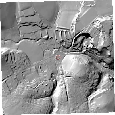 Shaded relief map of the ground around TQ96JA, computed from Environment Agency LiDAR. The ground here sits at about 16 m above sea level and falls 44 m across the surrounding 800 m. Surface water reaching this point runs off ground lying to the south-west, 25.3 m higher.