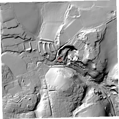 Shaded relief map of the ground around TQ96JB, computed from Environment Agency LiDAR. The ground here sits at about 19 m above sea level and falls 44 m across the surrounding 800 m. Surface water reaching this point runs off ground lying to the north-east, 21.5 m higher.