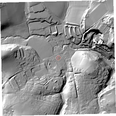 Shaded relief map of the ground around TQ96JD, computed from Environment Agency LiDAR. The ground here sits at about 18 m above sea level and falls 42 m across the surrounding 800 m. Surface water reaching this point runs off ground lying to the south-south-west, 25.6 m higher.