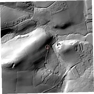 Shaded relief map of the ground around TQ96JJ, computed from Environment Agency LiDAR. The ground here sits at about 34 m above sea level and falls 66 m across the surrounding 800 m. Surface water reaching this point runs off ground lying to the west-south-west, 34.0 m higher.