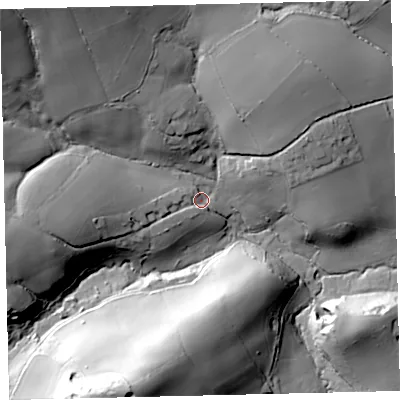 Shaded relief map of the ground around TQ96JL, computed from Environment Agency LiDAR. The ground here sits at about 30 m above sea level and falls 65 m across the surrounding 800 m. Surface water reaching this point runs off ground lying to the west, 23.8 m higher.