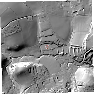 Shaded relief map of the ground around TQ96JU, computed from Environment Agency LiDAR. The ground here sits at about 19 m above sea level and falls 40 m across the surrounding 800 m. Surface water reaching this point runs off ground lying to the north, 5.0 m higher.