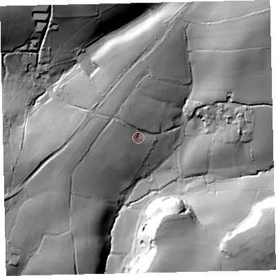 Shaded relief map of the ground around TQ96LR, computed from Environment Agency LiDAR. The ground here sits at about 46 m above sea level and falls 65 m across the surrounding 800 m. Surface water reaching this point runs off ground lying to the north-north-west, 9.2 m higher.