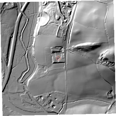 Shaded relief map of the ground around TQ96LS, computed from Environment Agency LiDAR. The ground here sits at about 21 m above sea level and falls 81 m across the surrounding 800 m. Surface water reaching this point runs off ground lying to the north-north-east, 22.6 m higher.