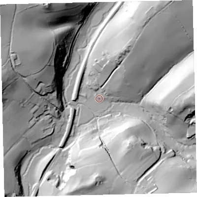 Shaded relief map of the ground around TQ96LU, computed from Environment Agency LiDAR. The ground here sits at about 6 m above sea level and falls 63 m across the surrounding 800 m. Surface water reaching this point runs off ground lying to the north-north-east, 36.6 m higher.