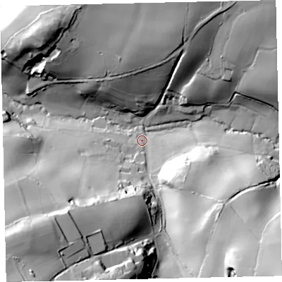 Shaded relief map of the ground around TQ96LW, computed from Environment Agency LiDAR. The ground here sits at about 15 m above sea level and falls 71 m across the surrounding 800 m. Surface water reaching this point runs off ground lying to the south-west, 66.1 m higher.