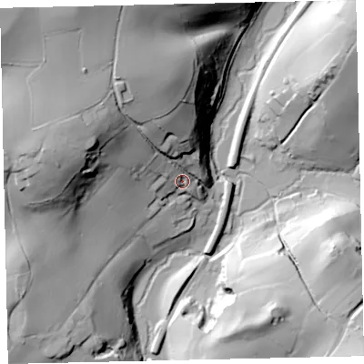 Shaded relief map of the ground around TQ96LY, computed from Environment Agency LiDAR. The ground here sits at about 18 m above sea level and falls 64 m across the surrounding 800 m. Surface water reaching this point runs off ground lying to the north-north-west, 51.9 m higher.