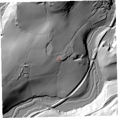 Shaded relief map of the ground around TQ96LZ, computed from Environment Agency LiDAR. The ground here sits at about 31 m above sea level and falls 77 m across the surrounding 800 m. Surface water reaching this point runs off ground lying to the north-west, 5.6 m higher.