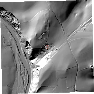 Shaded relief map of the ground around TQ96NA, computed from Environment Agency LiDAR. The ground here sits at about 49 m above sea level and falls 68 m across the surrounding 800 m. Surface water reaching this point runs off ground lying to the north, 25.0 m higher.
