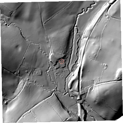 Shaded relief map of the ground around TQ96NE, computed from Environment Agency LiDAR. The ground here sits at about 13 m above sea level and falls 43 m across the surrounding 800 m. Surface water reaching this point runs off ground lying to the north-west, 4.2 m higher.