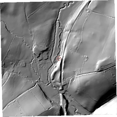 Shaded relief map of the ground around TQ96NF, computed from Environment Agency LiDAR. The ground here sits at about 11 m above sea level and falls 48 m across the surrounding 800 m. Surface water reaching this point runs off ground lying to the south-south-east, 14.2 m higher.