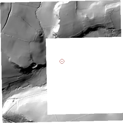 Shaded relief map of the ground around TQ96NJ, computed from Environment Agency LiDAR. and falls 80 m across the surrounding 800 m.