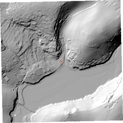 Shaded relief map of the ground around TQ96NW, computed from Environment Agency LiDAR. The ground here sits at about 4 m above sea level and falls 61 m across the surrounding 800 m. Surface water reaching this point runs off ground lying to the north-north-west, 48.0 m higher.
