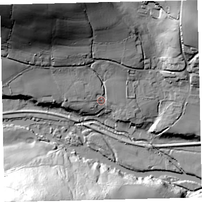 Shaded relief map of the ground around TQ96NZ, computed from Environment Agency LiDAR. The ground here sits at about 17 m above sea level and falls 72 m across the surrounding 800 m. Surface water reaching this point runs off ground lying to the north-north-west, 49.1 m higher.