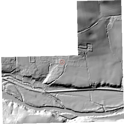 Shaded relief map of the ground around TQ96PD, computed from Environment Agency LiDAR. The ground here sits at about 19 m above sea level and falls 58 m across the surrounding 800 m. Surface water reaching this point runs off ground lying to the north-east, 1.5 m higher.