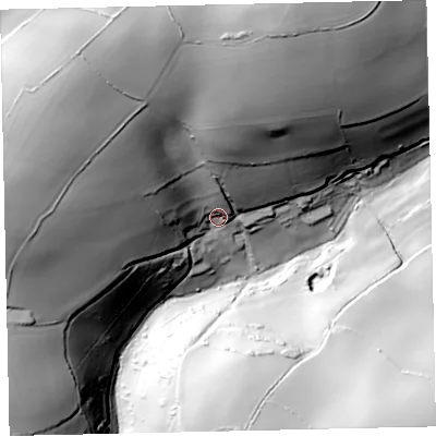 Shaded relief map of the ground around TQ96PP, computed from Environment Agency LiDAR. The ground here sits at about 30 m above sea level and falls 90 m across the surrounding 800 m. Surface water reaching this point runs off ground lying to the north-north-east, 69.3 m higher.