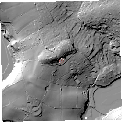 Shaded relief map of the ground around TQ96QY, computed from Environment Agency LiDAR. The ground here sits at about 38 m above sea level and falls 53 m across the surrounding 800 m. Surface water reaching this point runs off ground lying to the north-north-west, 14.9 m higher.
