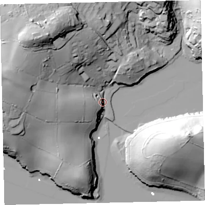 Shaded relief map of the ground around TQ96RD, computed from Environment Agency LiDAR. The ground here sits at about 7 m above sea level and falls 53 m across the surrounding 800 m. Surface water reaching this point runs off ground lying to the north-west, 50.5 m higher.